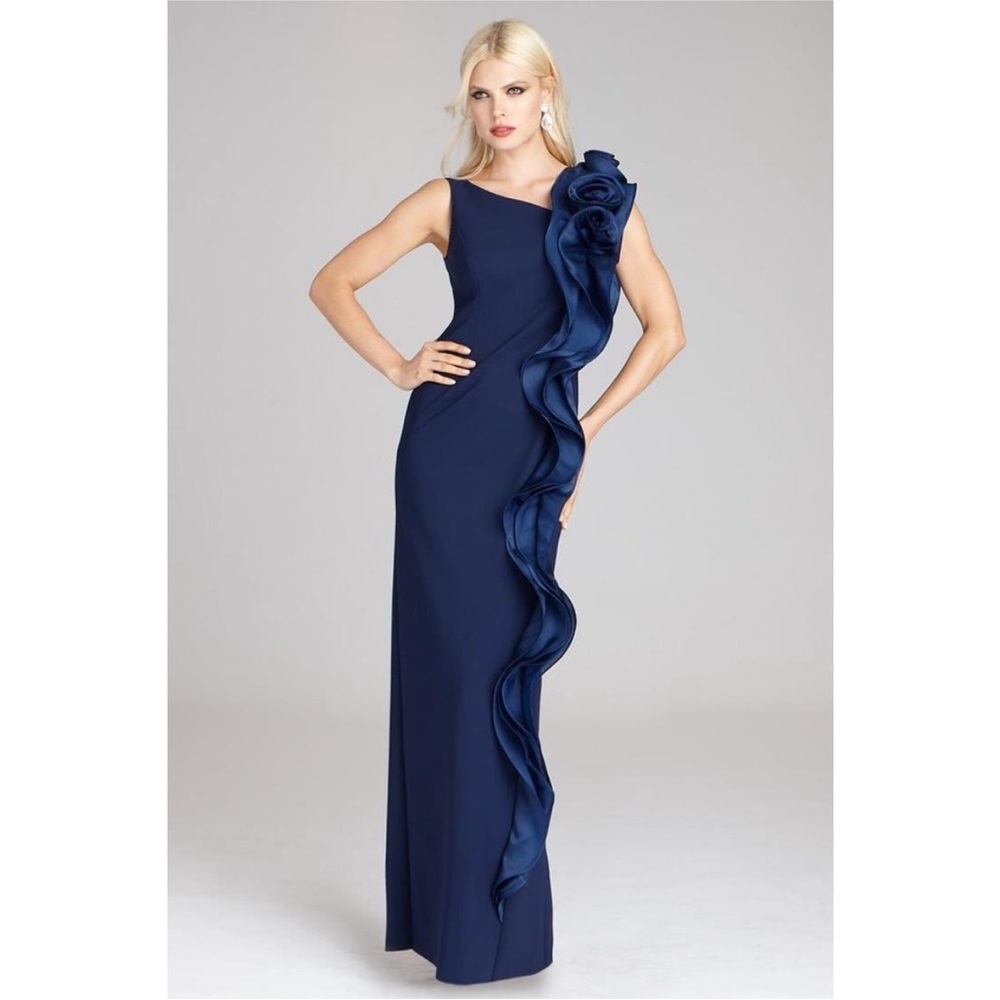 Teri Jon by Rickie Freeman navy blue formal gown with silk ruffle. Size 4. NWT